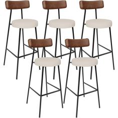 Kit 05 Banquetas Alta Cozinha Bar Sala De Jantar Milão L02 Couríssimo Marrom Linho Cru - Lyam Decor