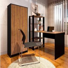 Conjunto Home Office 2 Peças Escrivaninha com Estante e Armário Match Yescasa Pinho/Preto