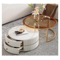 Mesas de canto mesa de centro redonda de 60 cm, conjunto de 2 mesas de canto modernas com mesa de mármore sintético e moldura de metal resistente, com gavetas de armazenamento, mesa de chá lateral para sala de estar, apartamento, escritório