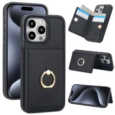 Capa carteira para iPhone 12 Pro com suporte para cartão, capa de couro com bloqueio RFID, suporte de anel giratório de 360° com fecho magnético à prova de choque para iPhone 12 Pro 6,1 polegadas