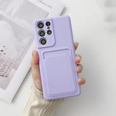 Capa de telefone com compartimento para cartão de carteira de silicone líquido para Samsung A32 4G 5G A12 A42 A52 A72 S21 Plus S20 FE Note 20 Capa traseira ultramacia, roxa, para Samsung A12