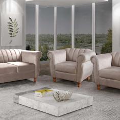 Conjunto Realeza Sofá com Poltronas Chesterfield Decoração Cinza Capuccino