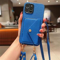 Pulseira de couro PU Crossboby com porta-cartão capa de telefone para iPhone 15 14 11 Pro Max 13 12 Mini XR XS Max 8 7 Plus capa, azul, para iPhone 11 Pro