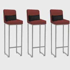 Kit 03 Banqueta Alta com Encosto Lucca Industrial Cozinha Balcão Ferro Cinza Corino Vermelho e Almofada Preto - Ahazzo Móveis