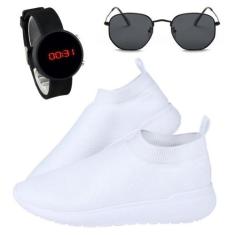 Kit Tênis Masculino Passeio Super Leve Branco + Relógio Digital Silico
