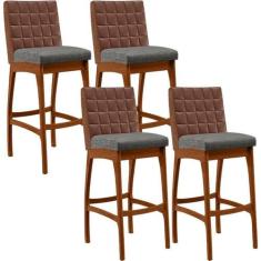 Kit 04 Banquetas Altas Mila Marrom Linho Cinza Escuro - LYAM DECOR