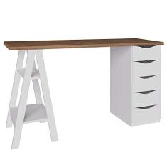 Mesa Para Escritório Escrivaninha Home Office 05 Gavetas Spirit Nogal A02 Branco - Lyam Decor