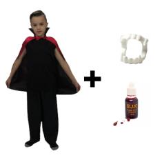 Fantasia Vampiro Infantil Conde Drácula com Capa e Dentadura e Balde Abobora para Doces Halloween