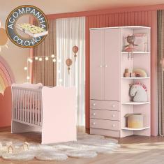 Quarto de Bebê Doce Sonho com Roupeiro 825 e Berço Simples 1 Qmovi Rosa Acetinado + Colchão Gazin