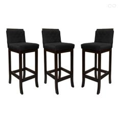 Kit 3 Banquetas Alta com Encosto Matelassê Nice Madeira Maciça Suede Preto CCS