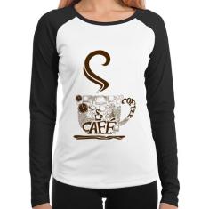 Baby Look Raglan Café Coffee Manga Longa - Foca na Moda, Branco, Preto