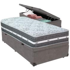 Cama Box Baú Cinza e Colchão Black Graphite Molas Ensacadas Solteiro 88x188X32 Anjos