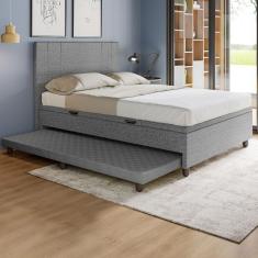 Base Cama Baú Casal Com Cama Auxiliar C/colchão Conjugado Linho - Skybox Cor Cinza