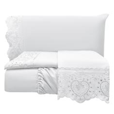 Jogo Cama Lençol Detail Casal Padrão Bordado Guipir Bordado Inglês Percal 300 Fios 4 Peças - Branco