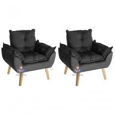 Kit 02 Poltronas Decorativas Opala Suede Veludo Light Fibra Siliconada Preto SMF Decor