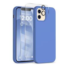COFFKER Capa para iPhone 12 e iPhone 12 Pro, [protetor de lente da câmera + protetor de tela], forro de microfibra macia de silicone à prova de choque, capa fina para celular de 6,1 polegadas, azul