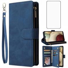 Asuwish Capa carteira compatível com Samsung Galaxy A12, protetor de tela de vidro temperado e capa flip de couro, porta-cartões, acessórios celulares, capas para celular para Glaxay A 12 Gaxaly 12A
