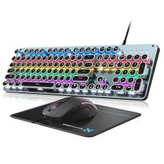 Teclado mecânico para jogos estilo máquina de escrever, interruptor azul, teclado de computador com fio, retroiluminado por LED arco-íris, conjunto de mouse e pad, painel de metal, teclas redondas