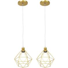 2 Pendentes Aramado Diamante Luminária Lustre Cabo Cristal 2 Mt Dourad
