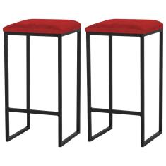 Kit 2 Banqueta Decorativa Billie Base Preta Veludo Vermelho - Gran Belo