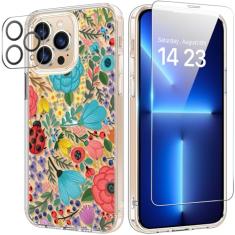 bicol Capa para iPhone 13 Pro Max com protetor de tela e lente de câmera - Designs florais de flores elegantes para mulheres e meninas - Capa de telefone transparente de acrílico à prova de choque de
