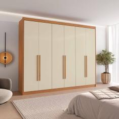 Guarda Roupa Casal 6 Portas com Puxador de Madeiras 8 Gavetas Cinamomo/Off White