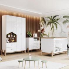 Quarto de Bebê Completo Berço 2 em 1 Guarda Roupa 4 portas e Cômoda Te