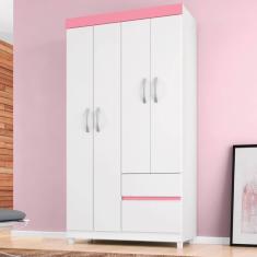 Guarda Roupa Solteiro 4 Portas E 2 Gavetas Almirante Branco-rosa-branco