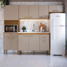 Cozinha Modulada Compacta Fidelitá Mariana 4 Peças 240cm 12 Portas 2 Gavetas Sem Tampo Freijó/camurça