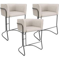 Kit 03 Banquetas Baixa Base de Aço Preto Betina D02 Linho Cru D-461 - 