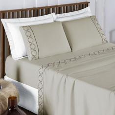 Jogo de Lençol Bordado Titanium Queen 4 Peças Barato - Cáqui - 100% Po
