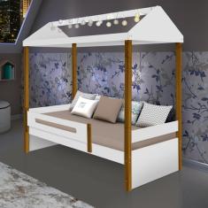Cama Casa Branco Mel Com Cordão De Luzes Led Com Colchão