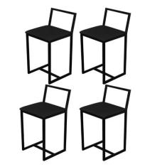 Jogo 4 Banqueta Baixa Para Cozinha Preta Industrial Estofado Preto - L