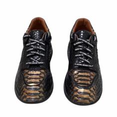 Tênis masculino autêntico de couro real casual preto dourado cor serpentina couro exótico genuíno sapato sem cadarço, Preto, dourado, 41