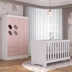 Quarto de Bebê com Guarda Roupa 4 Portas 3 Gavetas com Janela Berço 3 em 1  Maya Rodial - Rosa