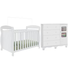 Quarto de Bebê Completo Berço Americano Marquesa 3 Em 1 Cômoda Uli 4 Gavetas 1 Porta Branco Carvalho 100% MDF Móveis Peroba