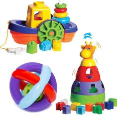 Kit De Brinquedos Para Bebês Barco + Girafa + Bola