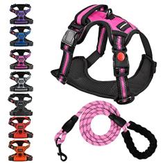 Juqiboom Peitoral antipuxão para cães com coleira resistente de 1,5 m, colete acolchoado macio ajustável, colete Oxford refletivo para animais de estimação com alça de controle fácil e coleira para