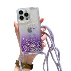 ELTIIGO Capa com alça para iPhone 15 Pro Max com cordão transversal, brilhante, brilhante, brilhante, à prova de choque, com amortecedor de TPU macio, cordão ajustável no pescoço para meninas e
