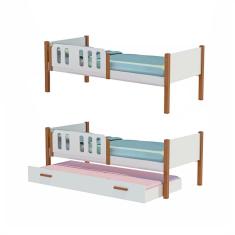 Kit 2 Camas Infantil Solteiro Ônix Com 1 Cama Auxiliar - Branco/Castanho Claro - Divaloto Móveis