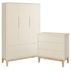 Jogo de Quarto Classic Guarda Roupa 3 Portas e Cômoda 3 Gavetas com Pés Madeira Natural - Reller Móveis