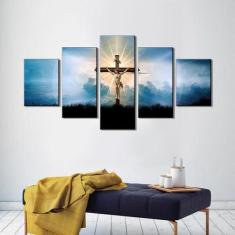 Quadros Decorativos Mosaico 5 Peças Jesus Na Cruz Luz No Ceu - KYME