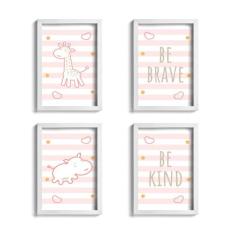Quadros Girafa e Hipopótamo Rosa Kit 4un Moldura Branca - Quartinhos