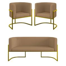 Kit 2 Poltronas + Sofá 2 Lugares Base De Metal Gold Veludo Capuccino