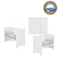 Quarto de Bebê Berço Gemeos c/ Rodízios Colchão Physical e Cômoda Doce