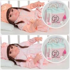 Boneca Tipo Reborn Gêmeas Recém Nascidas Cabelo Castanho - Cegonha Reb