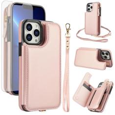 Asuwish Capa de celular para iPhone 13 Pro 6,1 polegadas com zíper com protetor de tela de vidro temperado e suporte de cartão com bloqueio de RFID para celular iPhone13Pro 5G i i-Phone i13 iPhone13