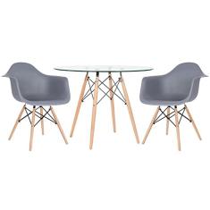 Loft7, Mesa redonda Eames com tampo de vidro 100 cm + 2 cadeiras Eiffel Daw cinza escuro