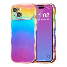ZTOFERA Capa para iPhone 14 de 6,1 polegadas, linda capa ondulada encaracolada com estampa de coração de amor, borda de revestimento iridescente com proteção total da câmera, capa de telefone à prova