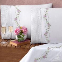 Jogo Cama Lençol Queen Percal Bordado 4Pçs Branco Floral - Casa Scarpa